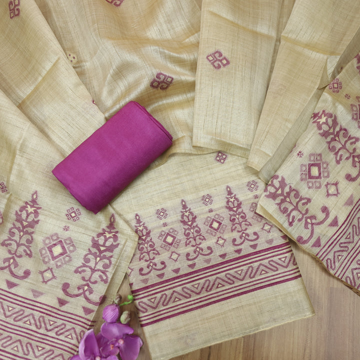 Tejasvi Beige With Purple Authentic Jamdani Weaved Detailing Suit Set