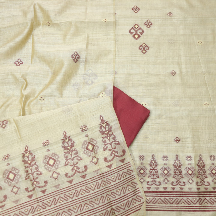 Tejasvi Beige With Blood Red Authentic Jamdani Weaved Detailing Suit Set