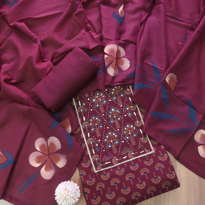 Sahiba Burgundy Purple Floral Printed Patra Neck Work Cotton Suit Set