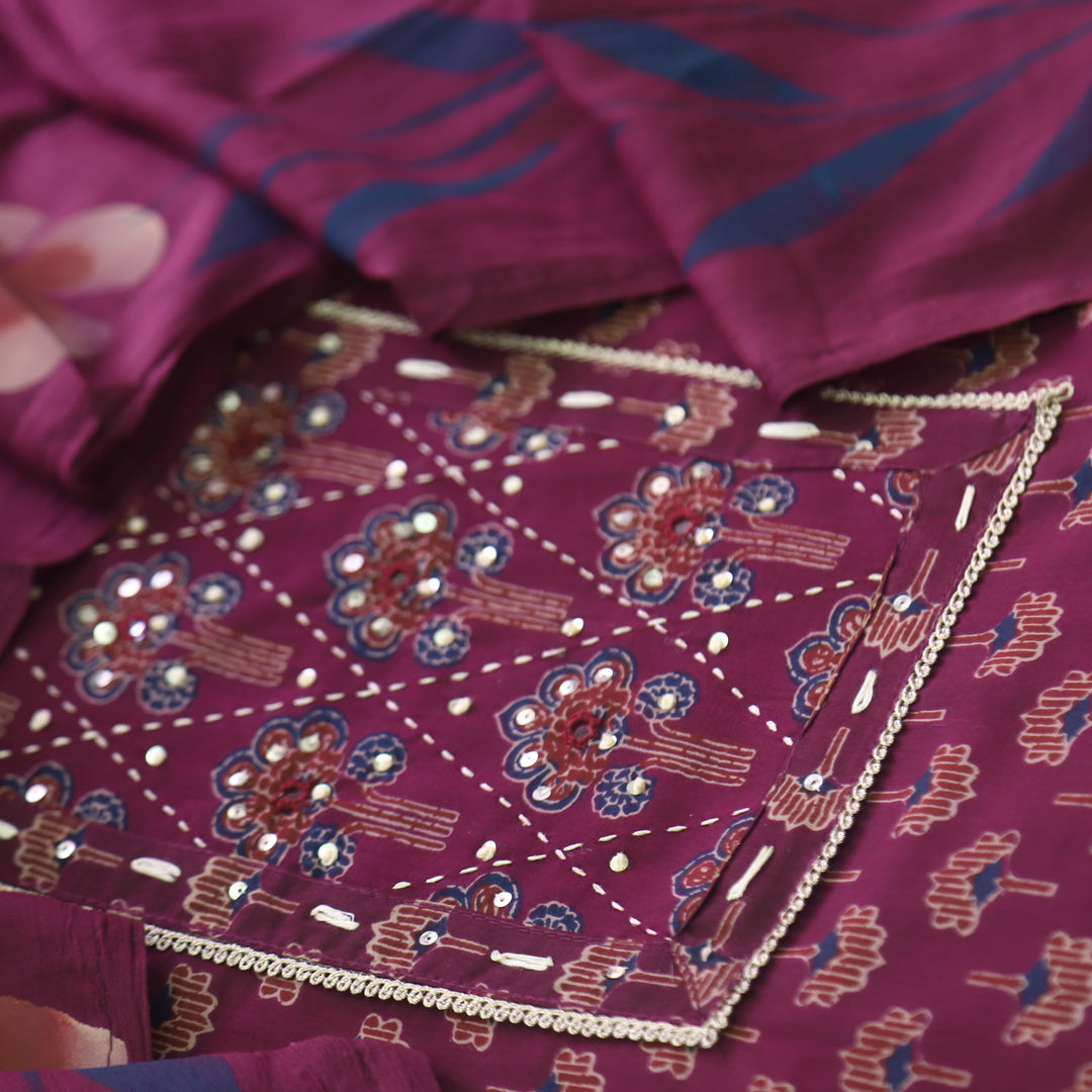 Sahiba Burgundy Purple Floral Printed Patra Neck Work Cotton Suit Set