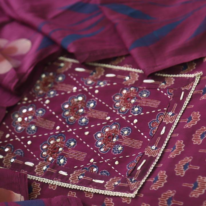 Sahiba Burgundy Purple Floral Printed Patra Neck Work Cotton Suit Set