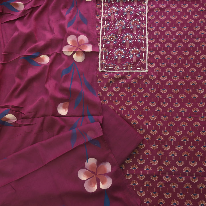 Sahiba Burgundy Purple Floral Printed Patra Neck Work Cotton Suit Set