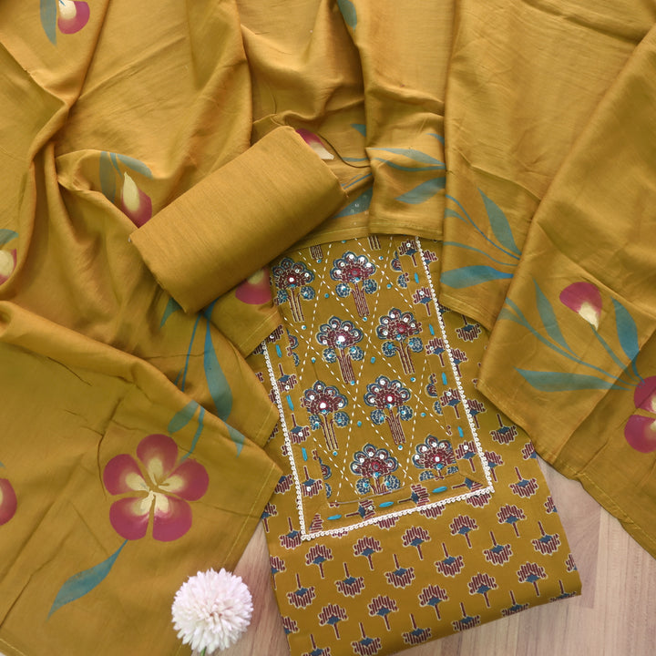 Sahiba Mustard Yellow Floral Printed Patra Neck Work Cotton Suit Set