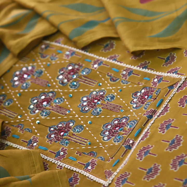 Sahiba Mustard Yellow Floral Printed Patra Neck Work Cotton Suit Set