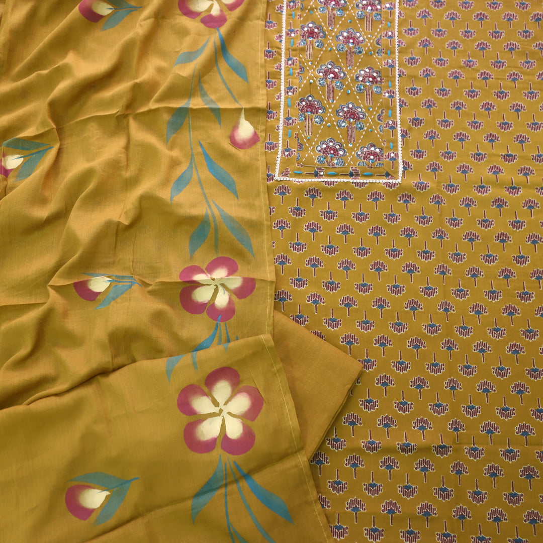 Sahiba Mustard Yellow Floral Printed Patra Neck Work Cotton Suit Set