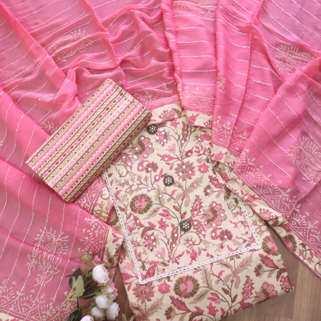 Sahiba White with Pink Floral Printed Patra Neck Work Cotton Suit Set
