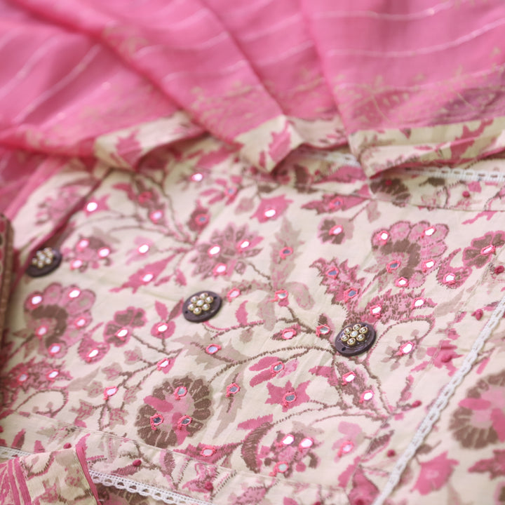Sahiba White with Pink Floral Printed Patra Neck Work Cotton Suit Set