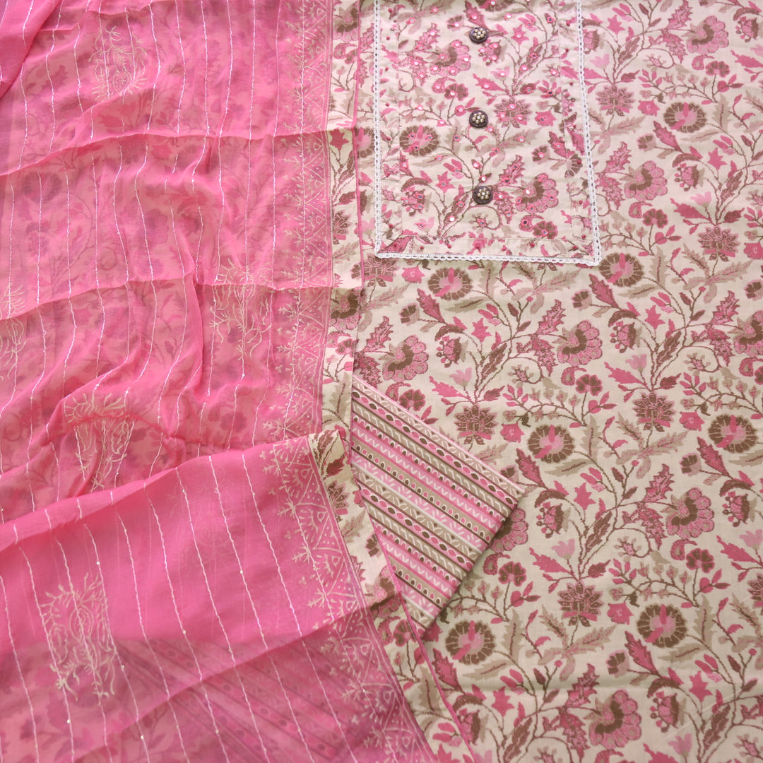 Sahiba White with Pink Floral Printed Patra Neck Work Cotton Suit Set