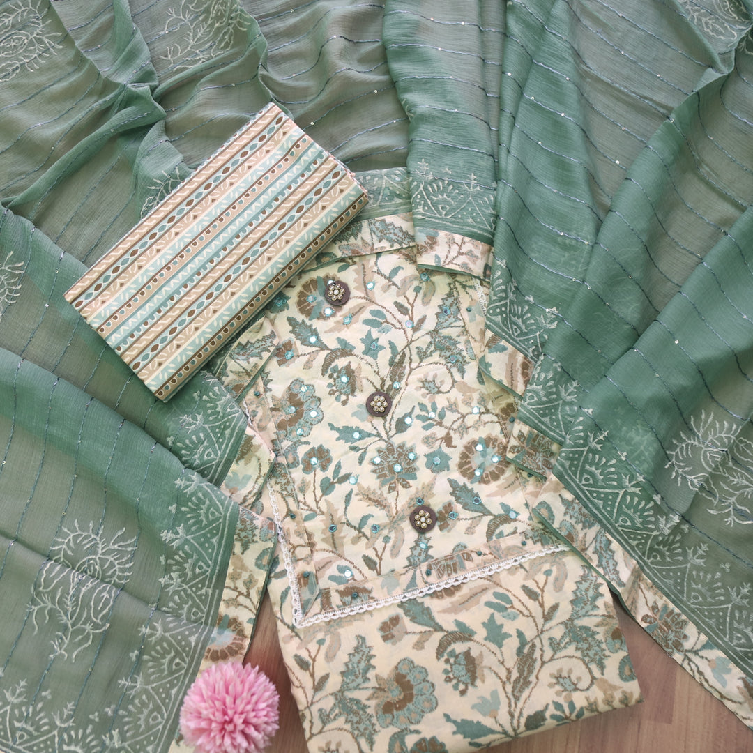 Sahiba White with Fern Green Floral Printed Patra Neck Work Cotton Suit Set