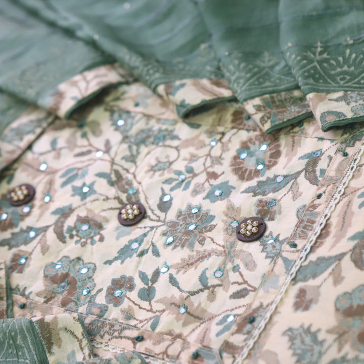 Sahiba White with Fern Green Floral Printed Patra Neck Work Cotton Suit Set