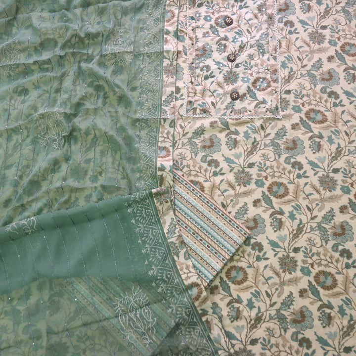 Sahiba White with Fern Green Floral Printed Patra Neck Work Cotton Suit Set