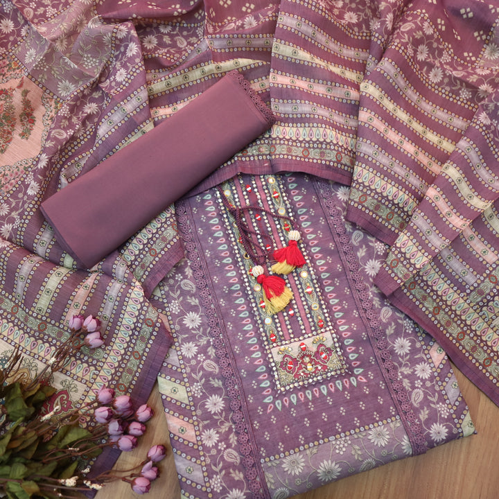 Fanaa Heather Purple Floral Print with Embellish Neck Work Cotton Linen Suit Set