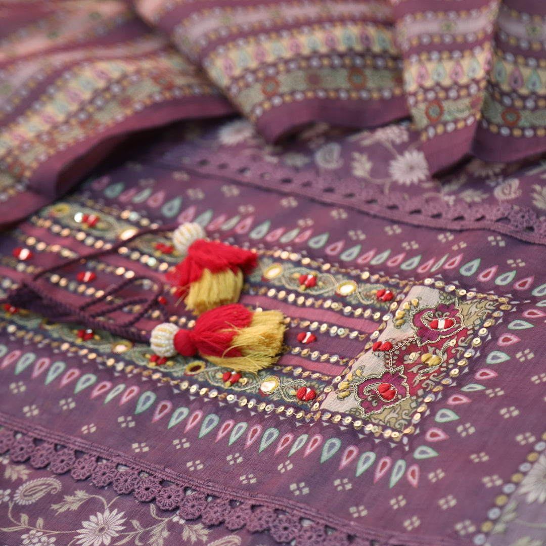 Fanaa Heather Purple Floral Print with Embellish Neck Work Cotton Linen Suit Set