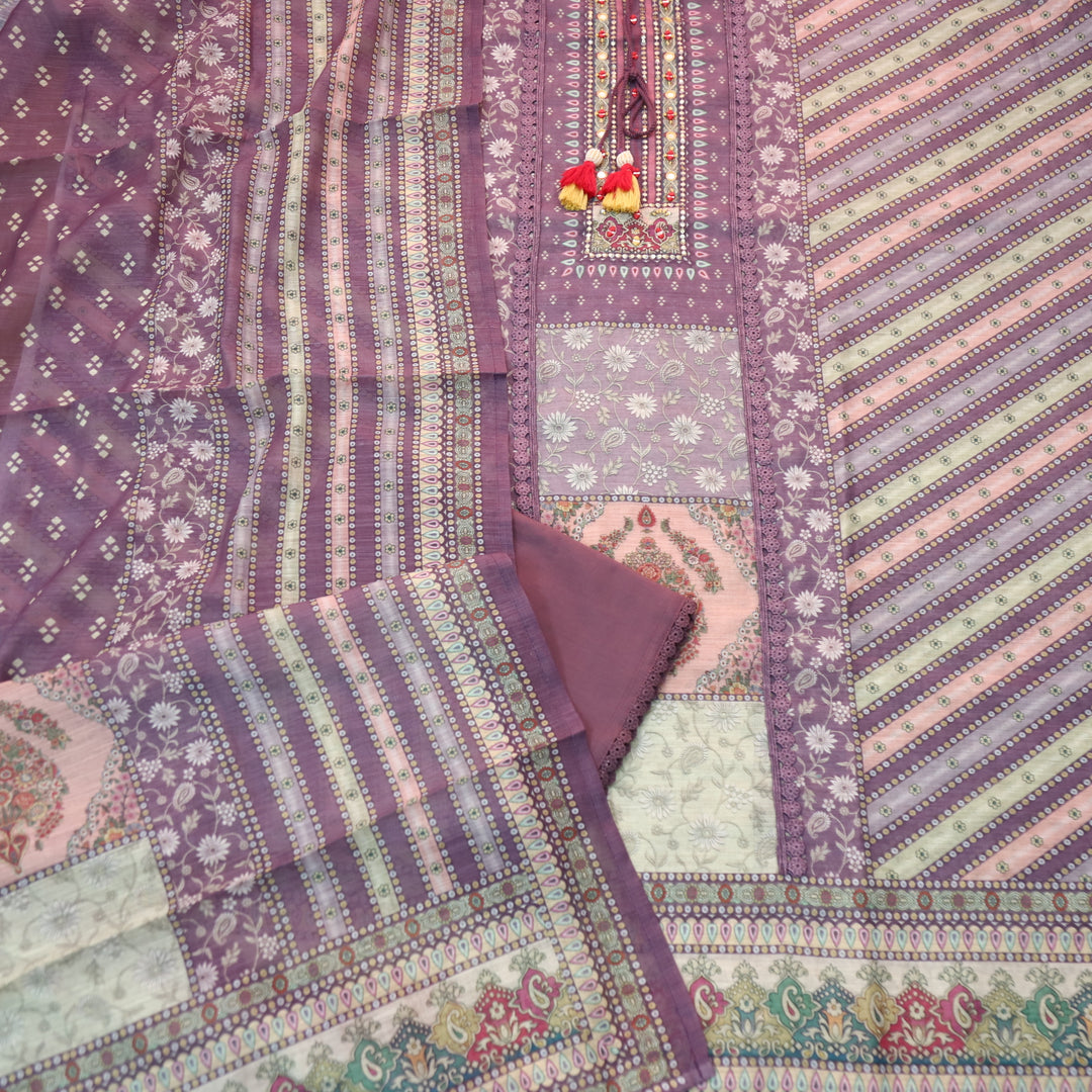 Fanaa Heather Purple Floral Print with Embellish Neck Work Cotton Linen Suit Set