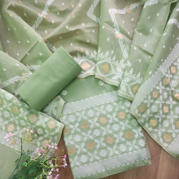 Sarang Fern Green with Zari and Authentic Jamdani Weaved Suit Set