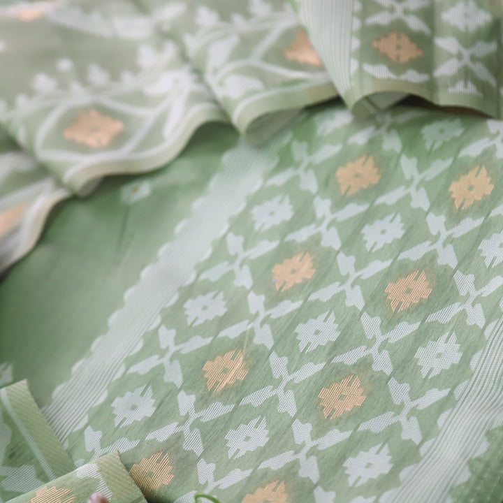 Sarang Fern Green with Zari and Authentic Jamdani Weaved Suit Set