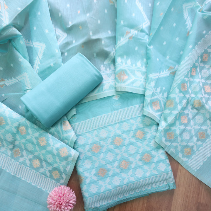 Sarang Cyan Ocean Blue with Zari and Authentic Jamdani Weaved Suit Set