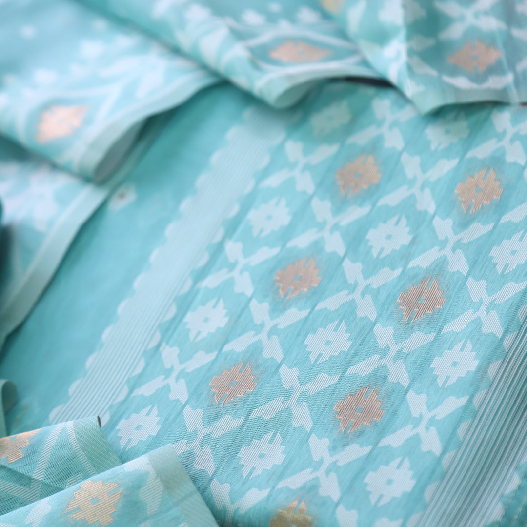Sarang Cyan Ocean Blue with Zari and Authentic Jamdani Weaved Suit Set