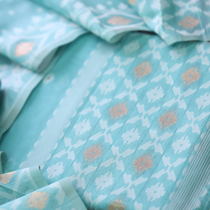 Sarang Cyan Ocean Blue with Zari and Authentic Jamdani Weaved Suit Set