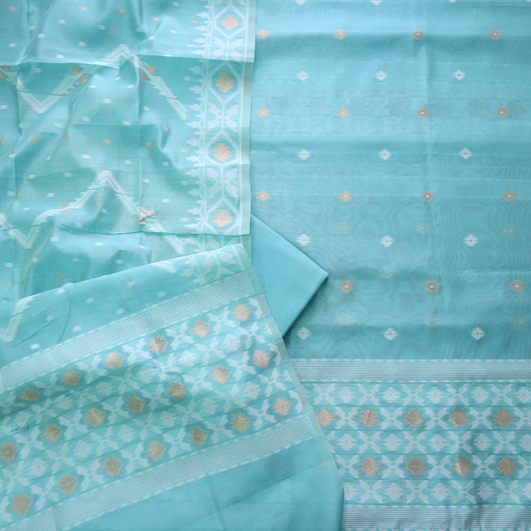Sarang Cyan Ocean Blue with Zari and Authentic Jamdani Weaved Suit Set