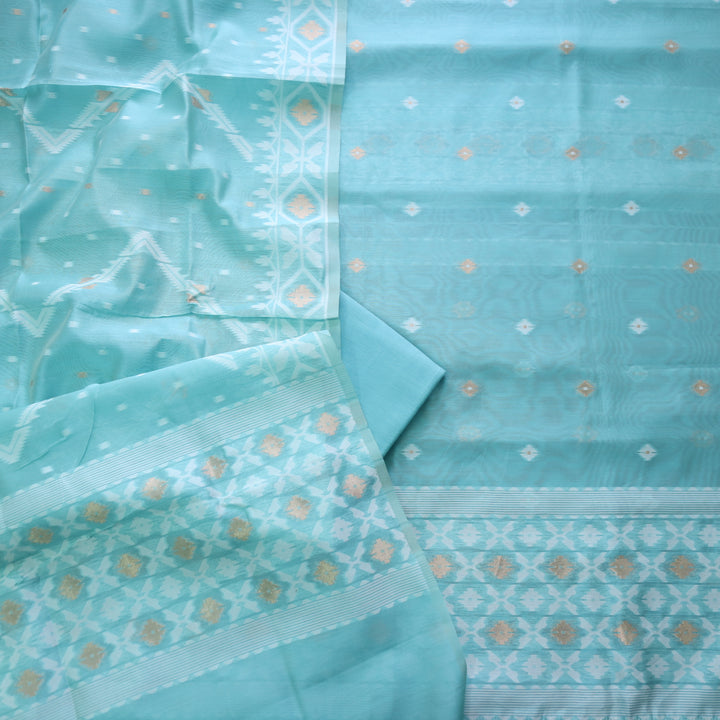 Sarang Cyan Ocean Blue with Zari and Authentic Jamdani Weaved Suit Set