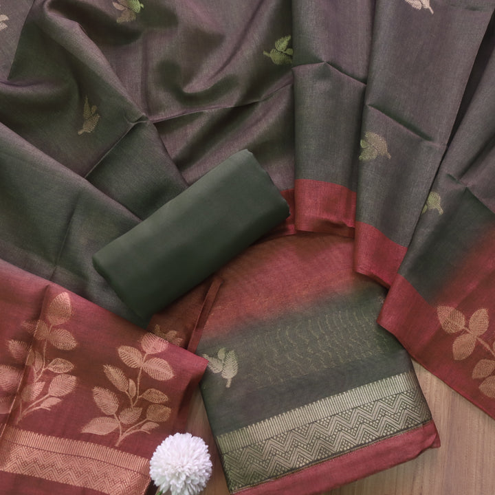 Rashiya Carnation Green Zari and Authentic Jamdani Weaved Chanderi Suit Set