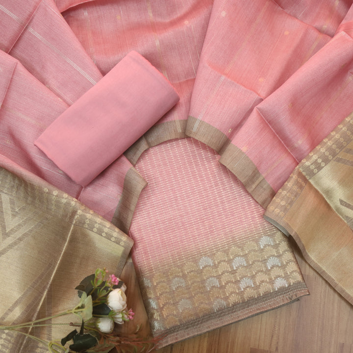 Paaki Soft Pink All Over Zari Weaved Work Chanderi Suit Set