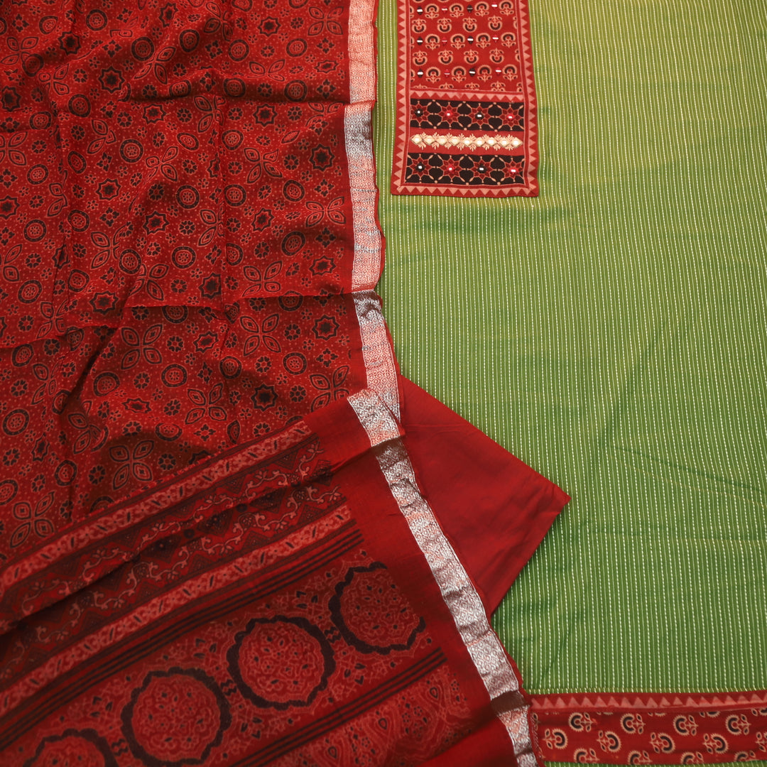 Maahi Forest Green Ajrak Patch Neck Work with Kantha Cotton Suit Set D2