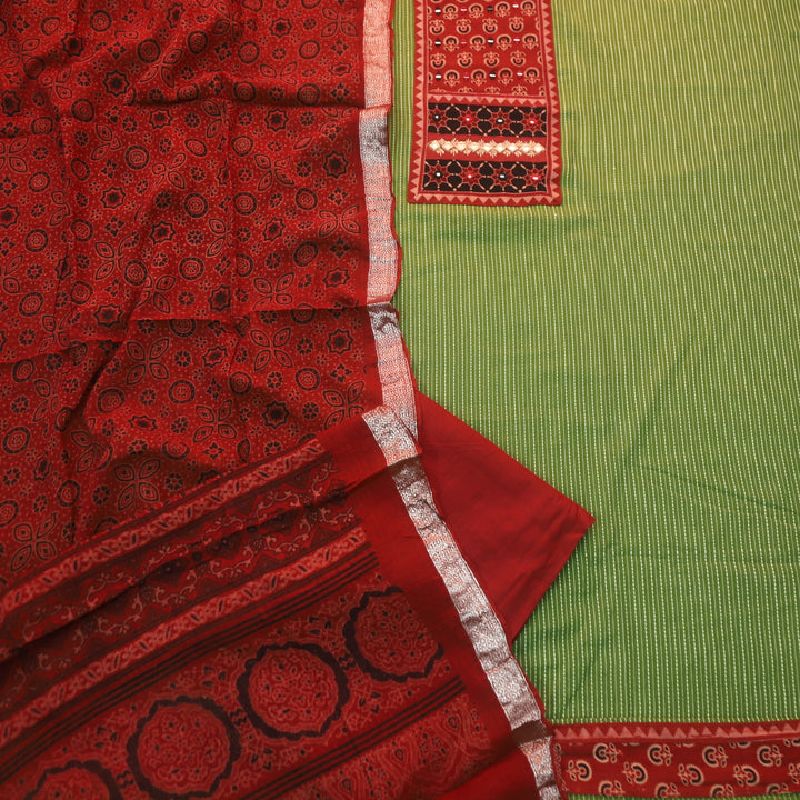 Maahi Forest Green Ajrak Patch Neck Work with Kantha Cotton Suit Set D2