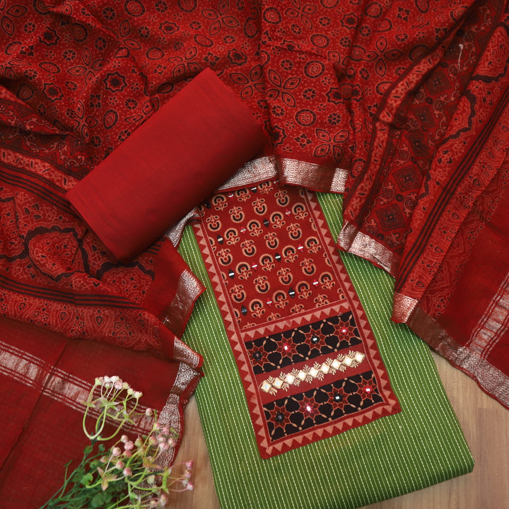 Maahi Forest Green Ajrak Patch Neck Work with Kantha Cotton Suit Set D2