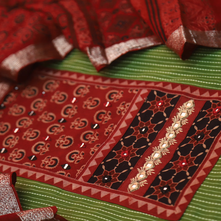 Maahi Forest Green Ajrak Patch Neck Work with Kantha Cotton Suit Set D2