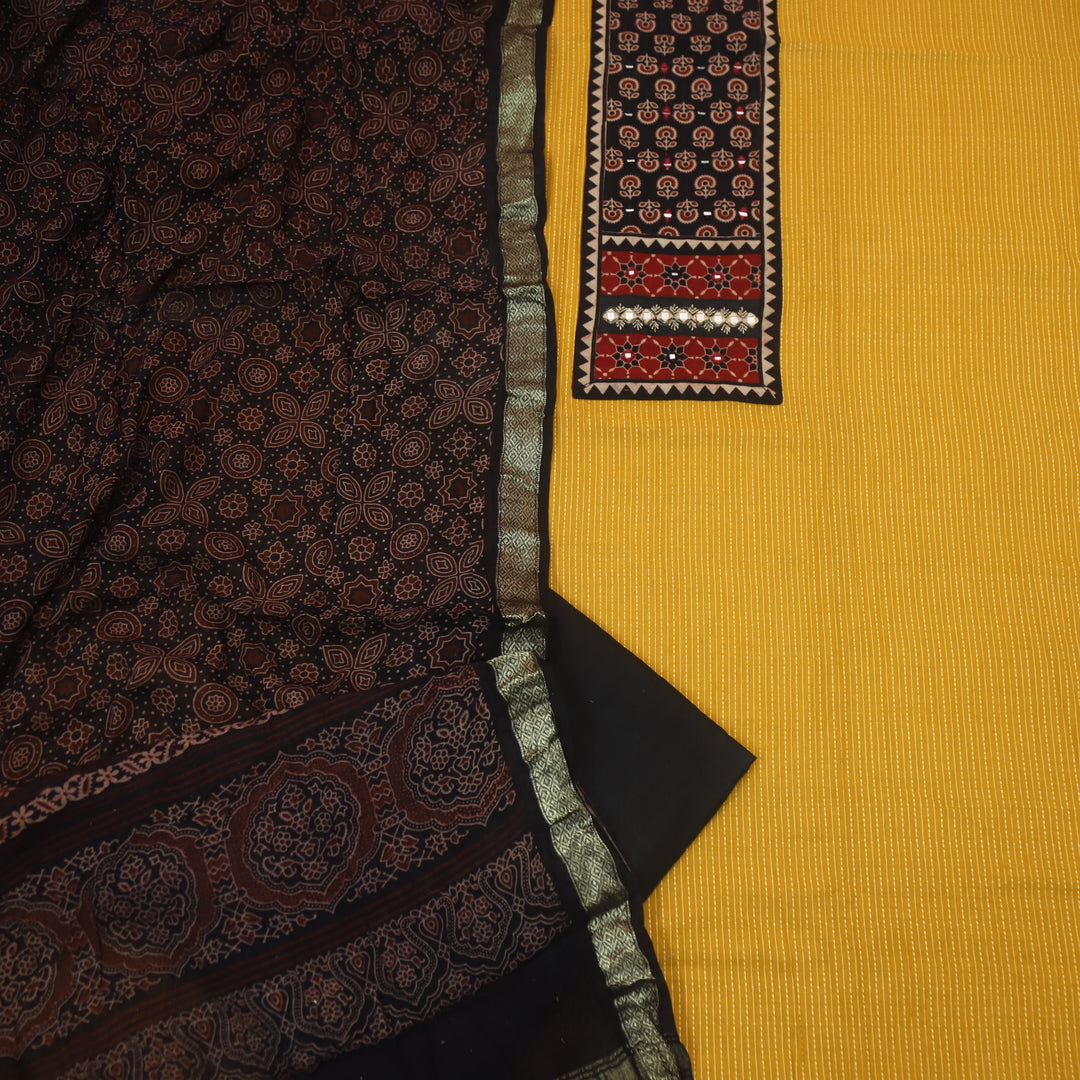 Maahi Bright Yellow Ajrak Patch Neck Work with Kantha Cotton Suit Set D2