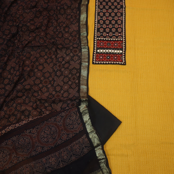 Maahi Bright Yellow Ajrak Patch Neck Work with Kantha Cotton Suit Set D2
