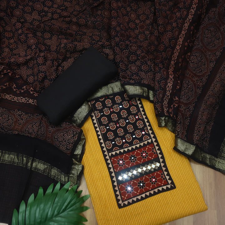 Maahi Bright Yellow Ajrak Patch Neck Work with Kantha Cotton Suit Set D2