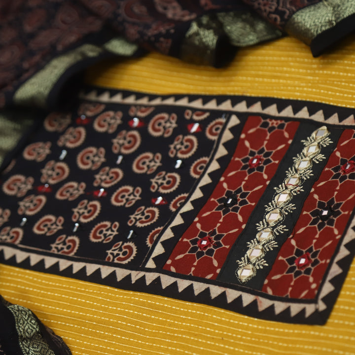 Maahi Bright Yellow Ajrak Patch Neck Work with Kantha Cotton Suit Set D2