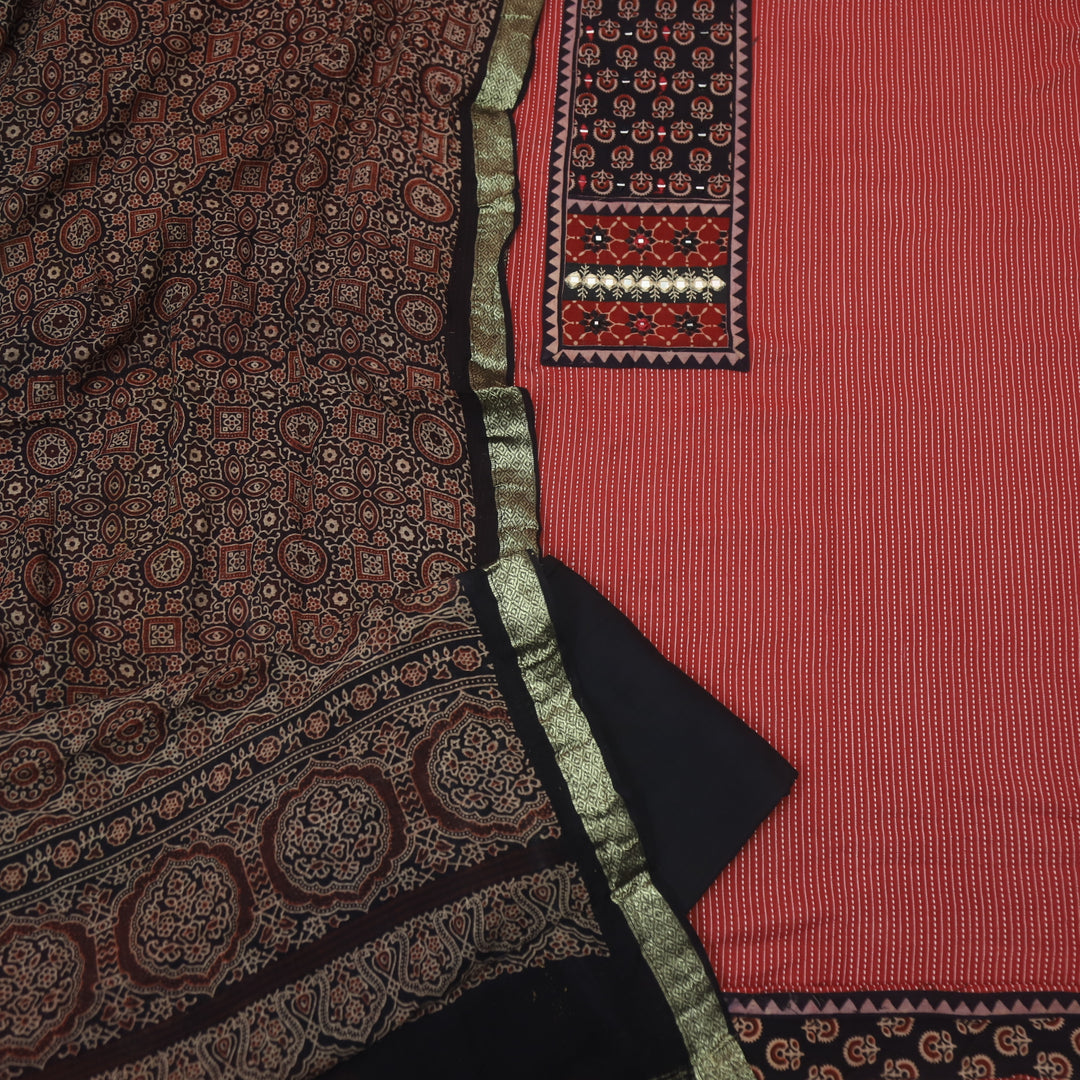 Maahi Cherry Red Ajrak Patch Neck Work with Kantha Cotton Suit Set D2