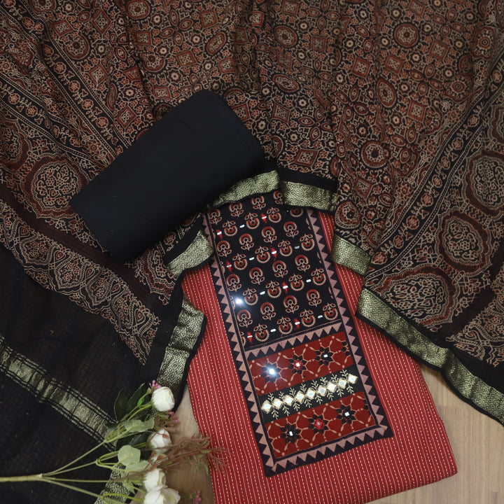 Maahi Cherry Red Ajrak Patch Neck Work with Kantha Cotton Suit Set D2