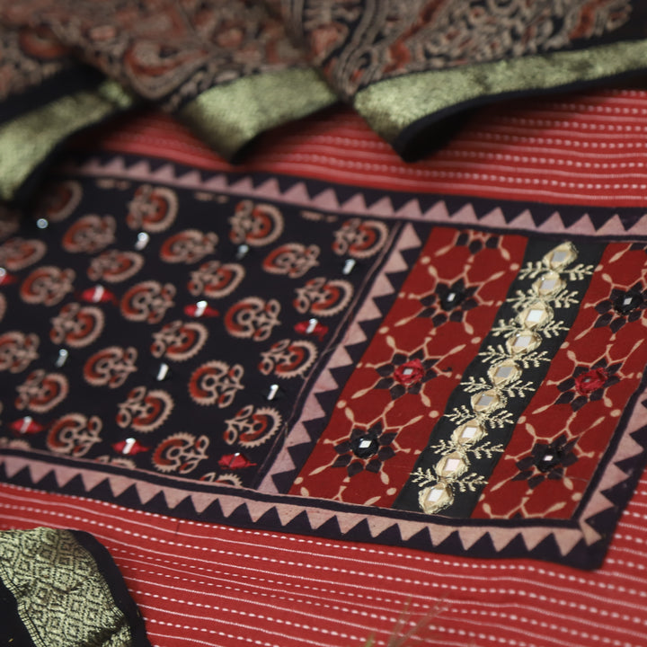 Maahi Cherry Red Ajrak Patch Neck Work with Kantha Cotton Suit Set D2