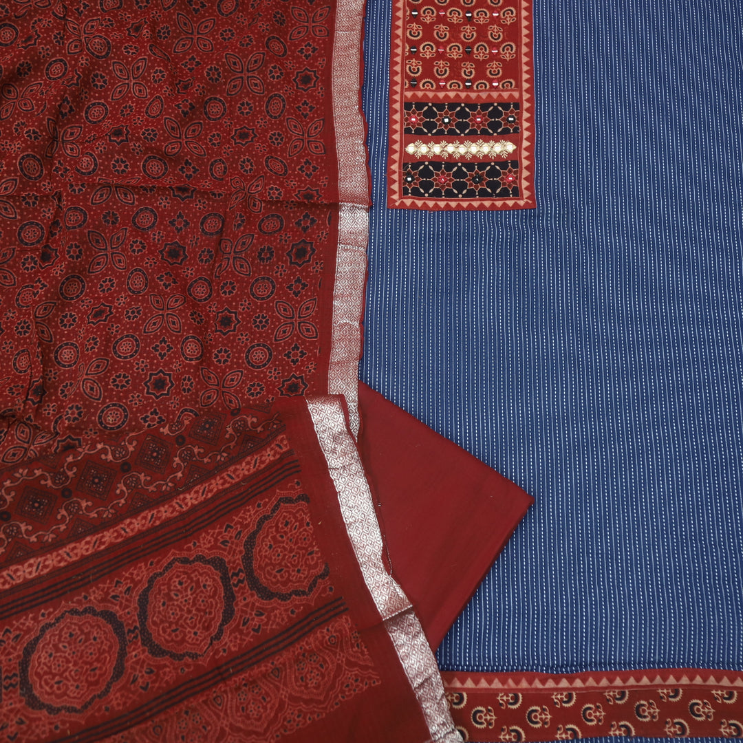 Maahi Denim Blue Ajrak Patch Neck Work with Kantha Cotton Suit Set D2