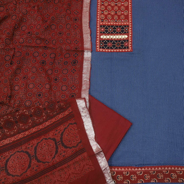 Maahi Denim Blue Ajrak Patch Neck Work with Kantha Cotton Suit Set D2