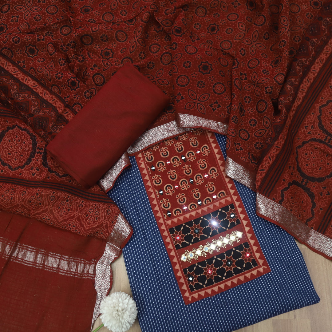 Maahi Denim Blue Ajrak Patch Neck Work with Kantha Cotton Suit Set D2
