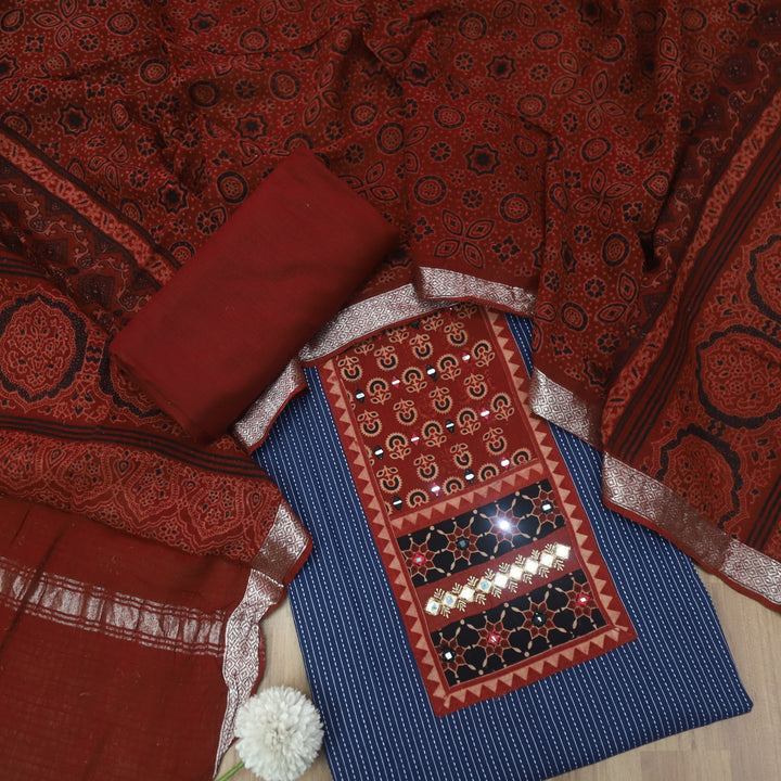 Maahi Denim Blue Ajrak Patch Neck Work with Kantha Cotton Suit Set D2