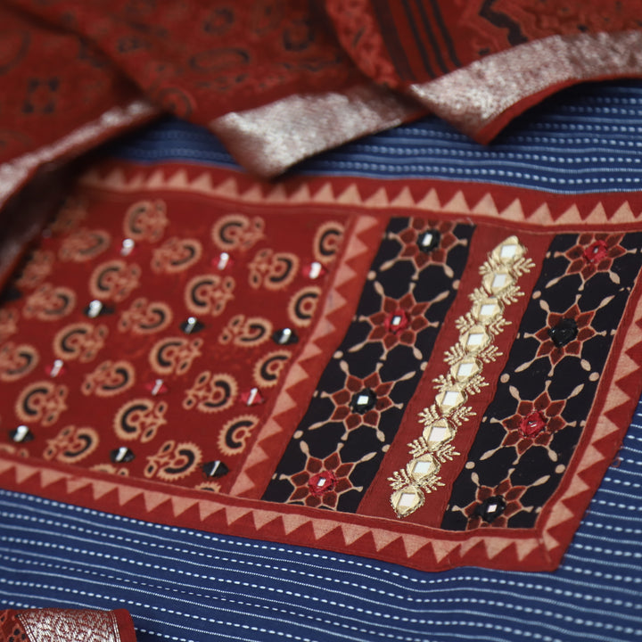 Maahi Denim Blue Ajrak Patch Neck Work with Kantha Cotton Suit Set D2