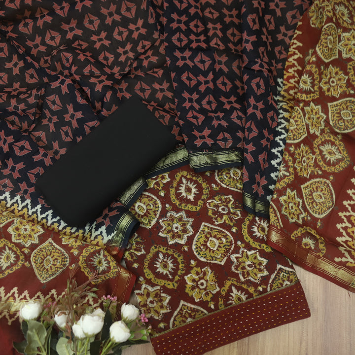 Sobiya Cherry Maroon Ajrak Printed and Schiffli Work Cotton Suit Set-D2