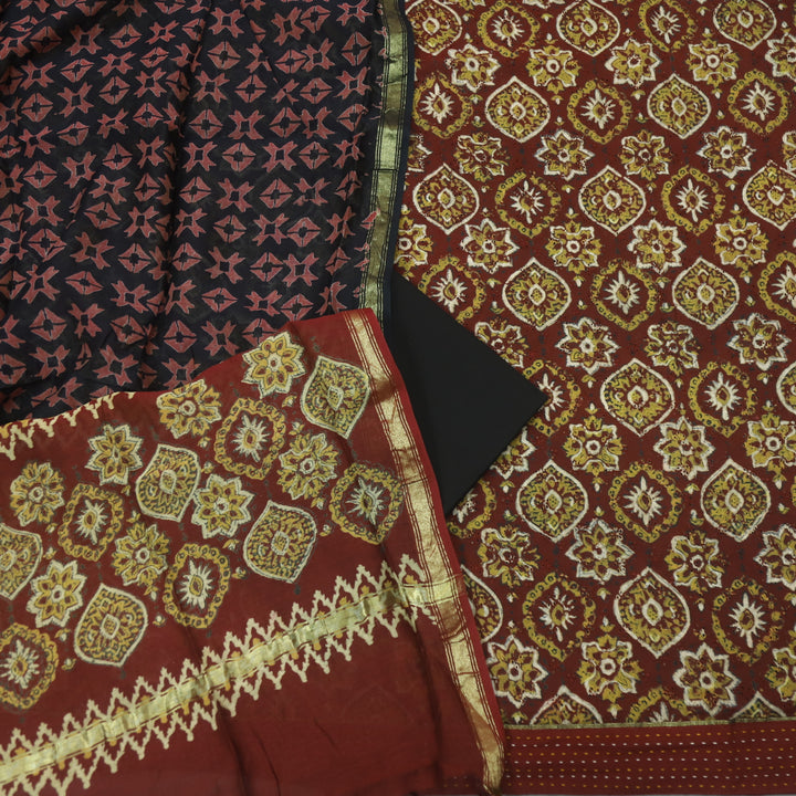 Sobiya Cherry Maroon Ajrak Printed and Schiffli Work Cotton Suit Set-D2