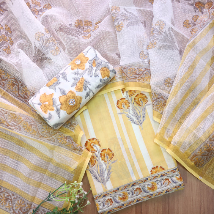 Rahi Corn Yellow in All Over Stripe with Floral Printed Cotton Suit Set