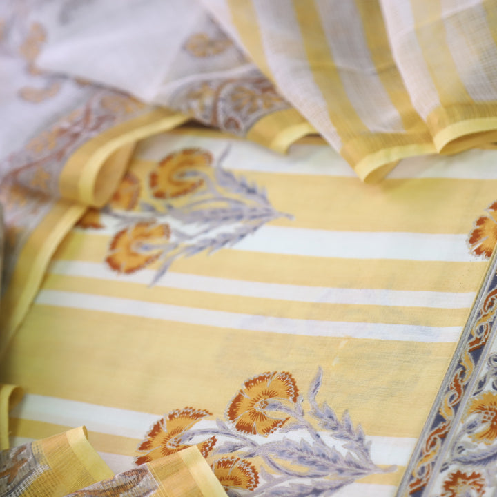 Rahi Corn Yellow in All Over Stripe with Floral Printed Cotton Suit Set