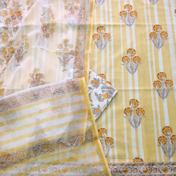 Rahi Corn Yellow in All Over Stripe with Floral Printed Cotton Suit Set