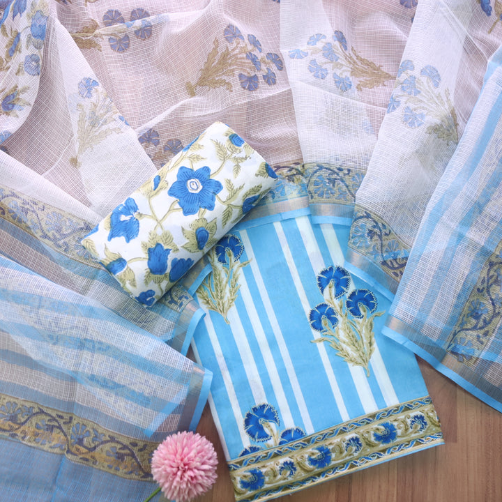 Rahi Sky Blue in All Over Stripe with Floral Printed Cotton Suit Set