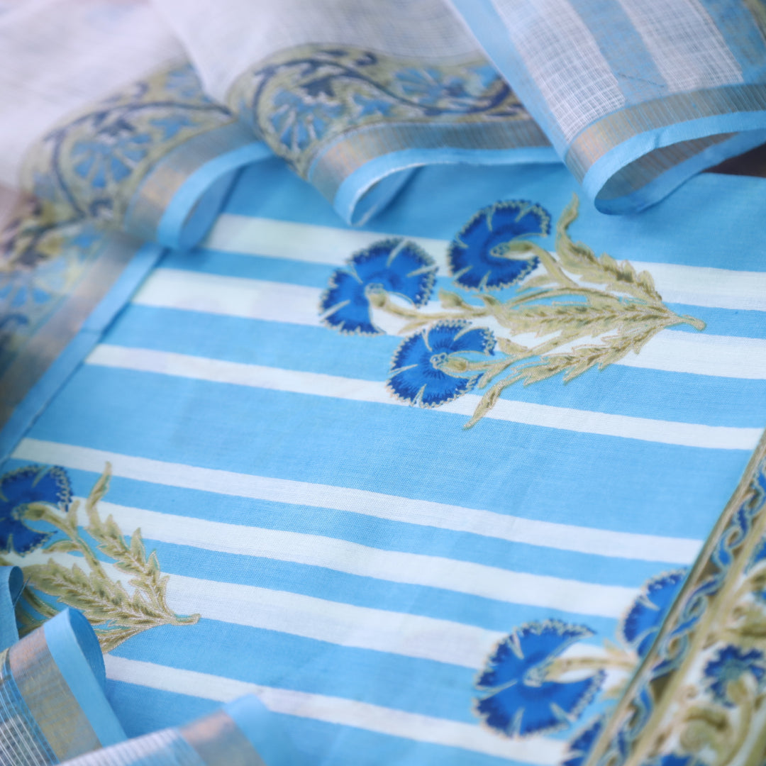 Rahi Sky Blue in All Over Stripe with Floral Printed Cotton Suit Set